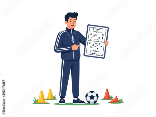 Fotografie Soccer coach vector illustration holding tactical board beside football and trai