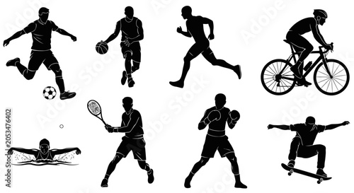 Black Silhouette Collection Featuring Diverse Athletes Engaged In Various Popular Sports Activities