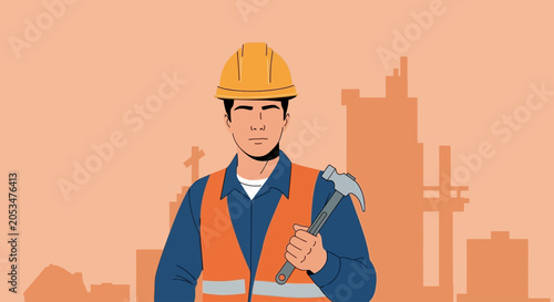 Professional Male Construction Worker Holding Hammer in Front of Urban Development Background