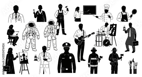Vector Silhouettes of Diverse Occupations and Professions Representing Global Workforce