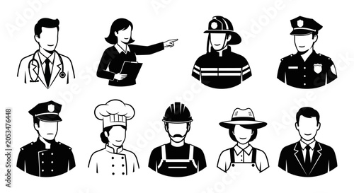 Minimalist professional occupation icons set featuring diverse career characters in black and white vector