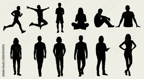 Vector silhouettes collection featuring diverse people in various dynamic poses and standing positions