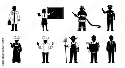 Diverse Collection of People in Different Professional Uniforms Silhouette Set