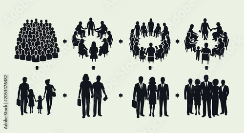 Diverse silhouettes of people representing community, family, and business teamwork