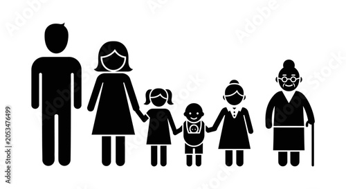 Multigenerational Family Icon Set Featuring Different Age Groups and People Standing Together