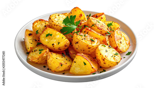 A close-up shot of golden-brown roasted potato wedges on a white plate, garnished with fresh green herbs. The image is set against a black backdrop