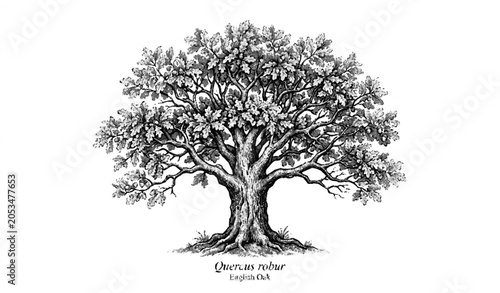Hand Drawn Oak Tree Sketch Vector with Detailed Leaves and Vintage Botanical Style