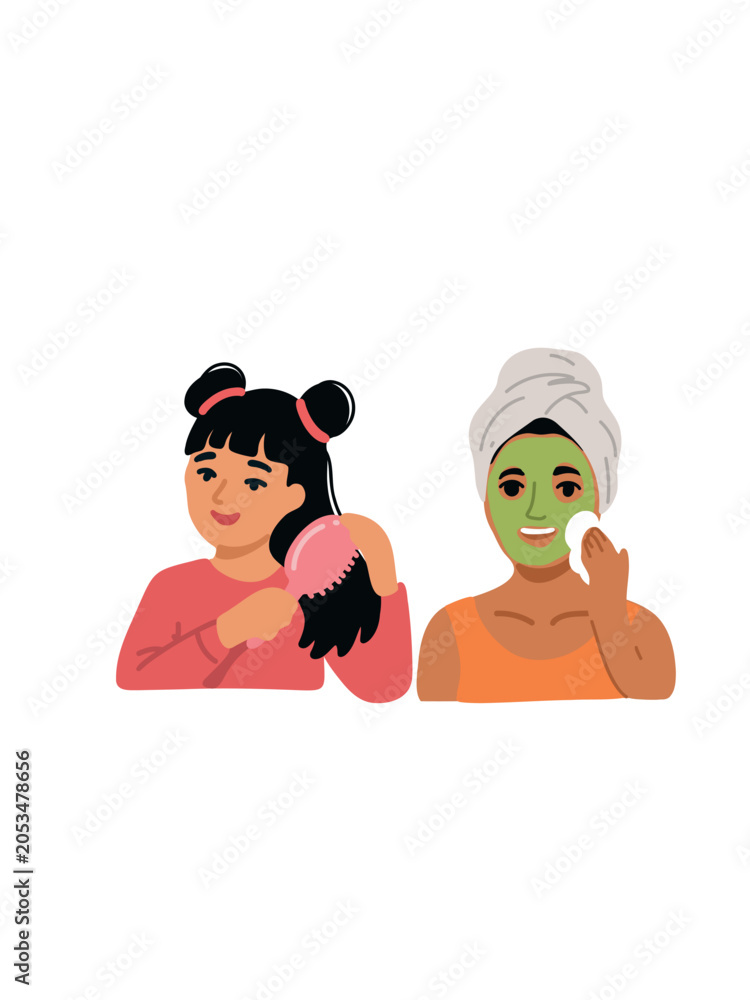 Fototapeta premium Girl combing hair and woman applying face mask on white background