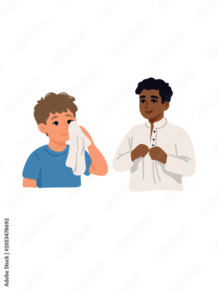 Fototapeta premium Boy wiping face and another boy putting on shirt on white background