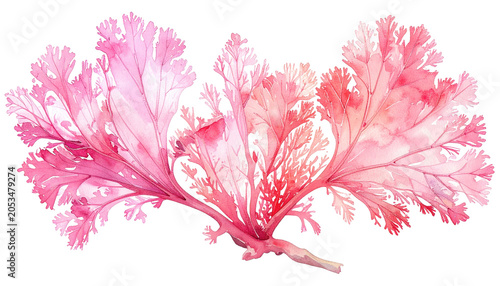 A vibrant watercolor illustration of pink coral or seaweed, with intricate details. Resembles a delicate, branching structure with translucent qualities