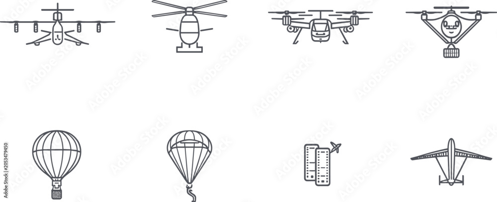 Obraz premium Minimalist vector line art icon set featuring various aviation and drone technologies collection including helicopter quadcopter drone airplane parachute balloon isolated on white