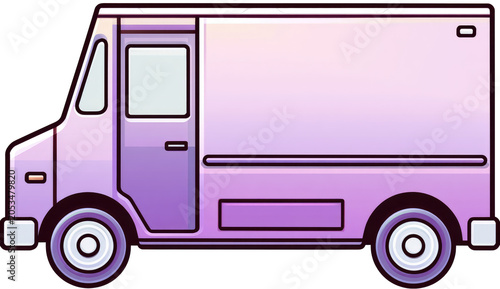 An illustration depicting a boxy, purple delivery vehicle, with a side door and two round wheels. The top is a gradient
