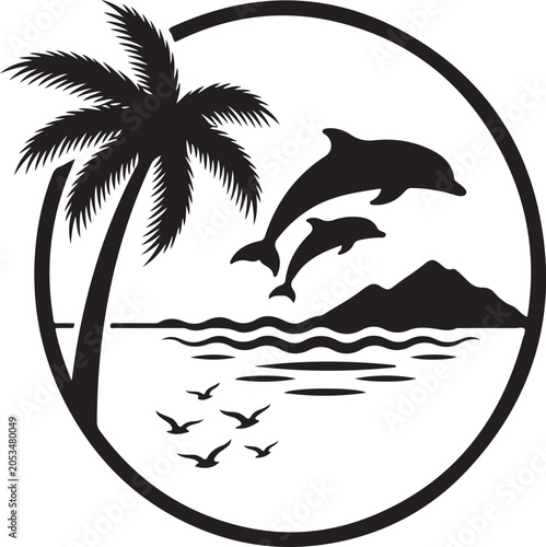 Black and white of a bird flying over ocean waves with fish below