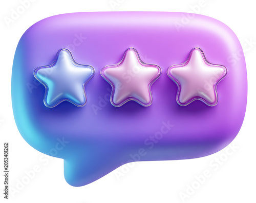 A 3D rendered, gradient-colored speech bubble containing three stylized stars, suggesting positive feedback or a rating. The bubble has a glossy appearance