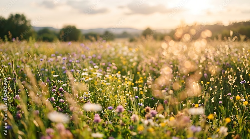 Obraz premium bokeh grass and flowers, summer nature background, blurred sun glare on fields of meadow flowers