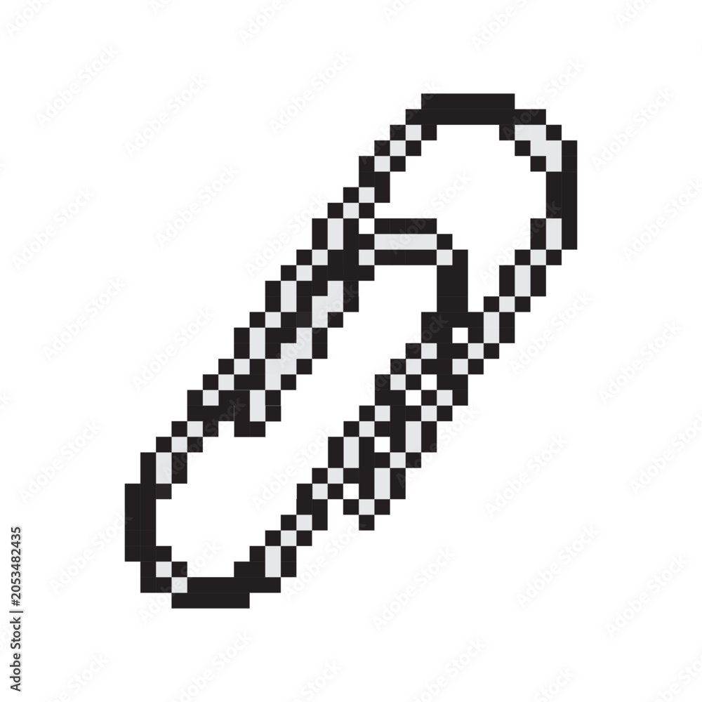 Fototapeta premium Pixel art paperclip icon isolated on white background. Retro 8-bit stationery clip vector illustration.