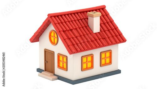 A 3D rendered, cute, cartoon-like house with a red tiled roof, chimney, and warm-toned windows and door. The background is transparent
