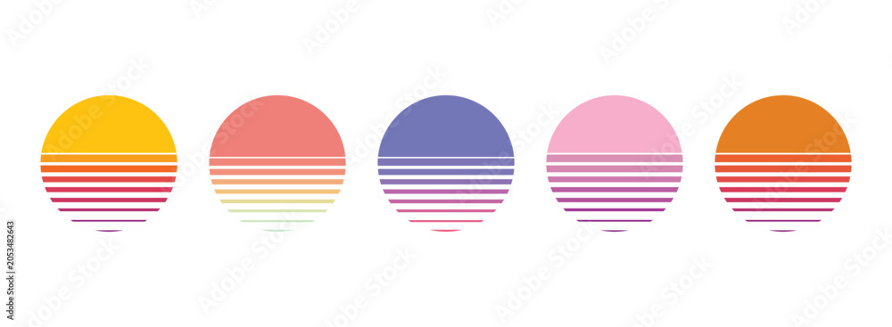 Fototapeta premium Retro sunset sun and water silhouette. Bright vintage 90s style summer logo or icon isolated on white background. 