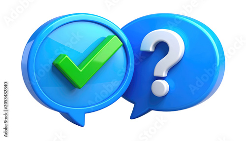 Two glossy, azure-blue speech bubbles isolated on black. One holds a green checkmark, the other a white question mark, suggesting choices