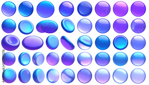 A collection of blue and purple, 3D rendered, glossy spheres in various sizes, shapes, and angles, against a black backdrop