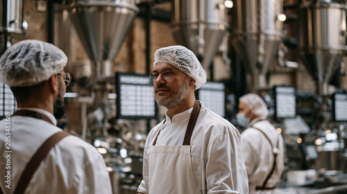 Plant based protein extraction pilot line at a pea processing facility, workers in hairnets and aprons monitoring wet fractionation equipment, stainless cyclone separators and