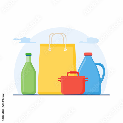 Shopping bag with groceries and cooking pot