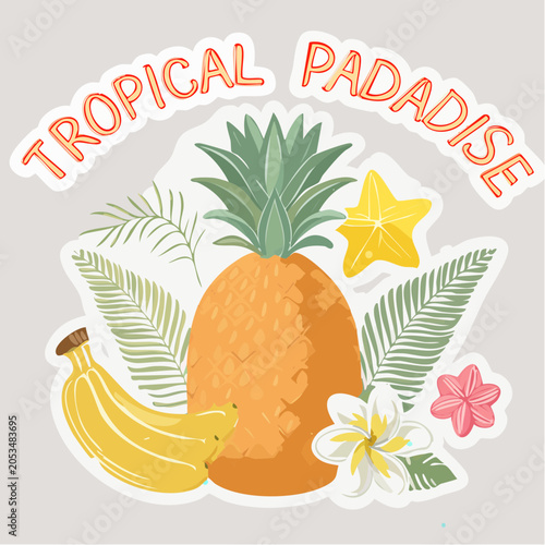 Tropical Paradise Illustration with Fruits and Flowers