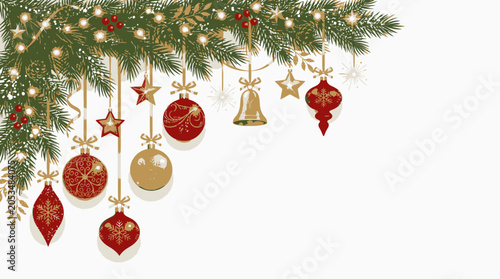 Festive Corner Decoration with Hanging Ornaments and Twinkling Lights, Perfect for Holiday Greetings and Winter Celebrations