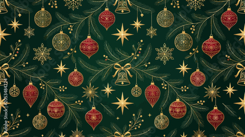 Elegant Luxury Christmas Seamless Pattern with Gold and Red Ornaments and Pine Branches on Dark Green Background