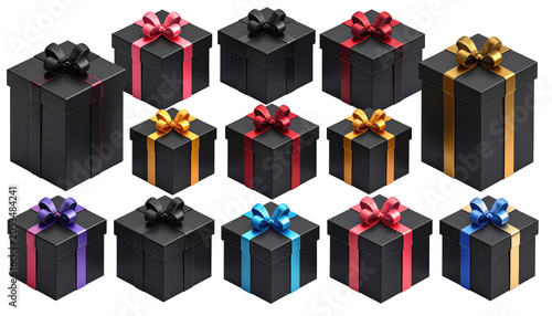 Assortment of black gift boxes, each wrapped with a colorful ribbon, offering a festive and celebratory visual