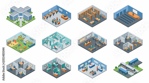 Isometric illustrations of various office spaces and building types, showcasing different work environments and architectural designs.
