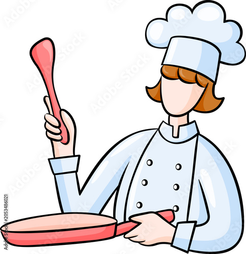 Chef Cooking Food in Pan. Female chef wearing a traditional white uniform.