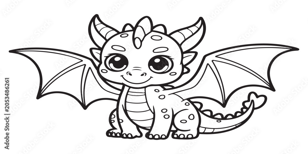 Fototapeta premium Friendly baby dragon illustration with folded wings and polka dot pattern for children creative graphic projects.
