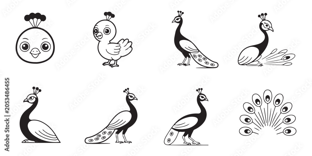 Obraz premium Stylized peacock illustrations including cartoon heads and elegant bird silhouettes for creative branding projects.