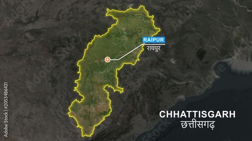 Chhattisgarh state map highlight animation, Pointing the capital Raipur in a marker and label text, Location pointer, outline glowing, geographic and political map