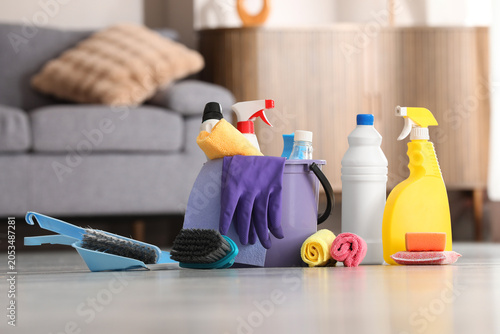 Tableau sur toile Home cleaning supplies and equipment for household chores, disinfecting, and san