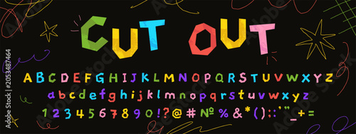 Quadro su tela Colorful paper cutout collage font, kids alphabet with paper texture