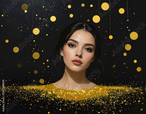Portrait of a woman with dark hair and striking makeup, framed against a black background with suspended gold circles. A gold sparkle effect frames her