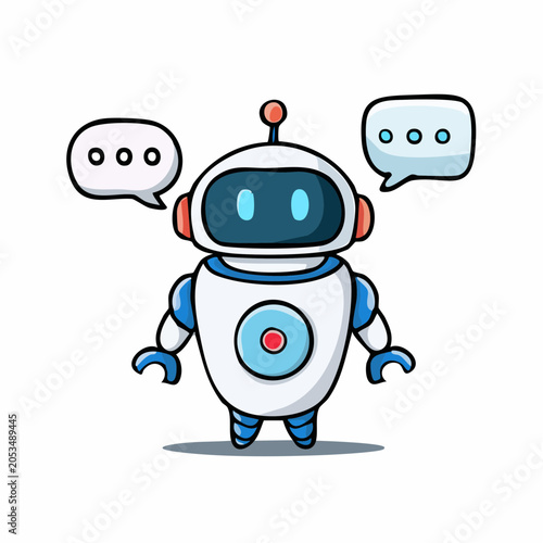 Cute Robot Chatbot Customer Support Assistant with Conversation Bubbles Vector Illustration