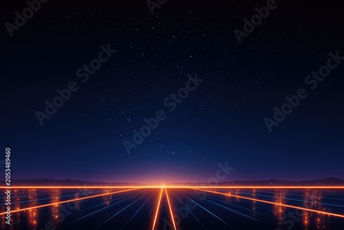 A vibrant digital landscape depicts a neon-lit horizon and a starry night sky. The image features a grid of glowing lines