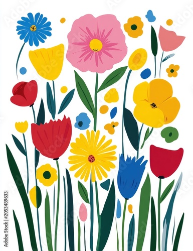 A vibrant flat illustration of various colorful floral blooms in full view on a bright white background