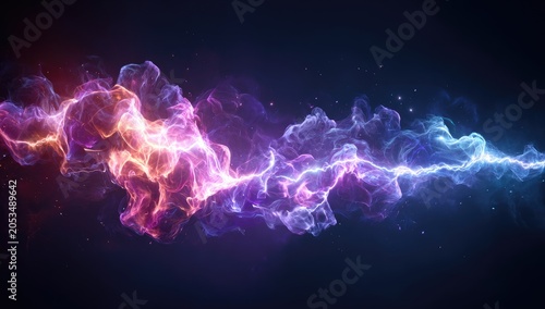 A vibrant, flowing abstract artwork depicting an energetic, luminous stream of colorful particles. It has a dark background