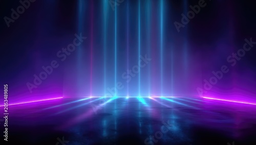 A vibrant, futuristic scene with a reflective surface. Vertical light beams in cyan and blue emanate from above, while the floor glows in magenta