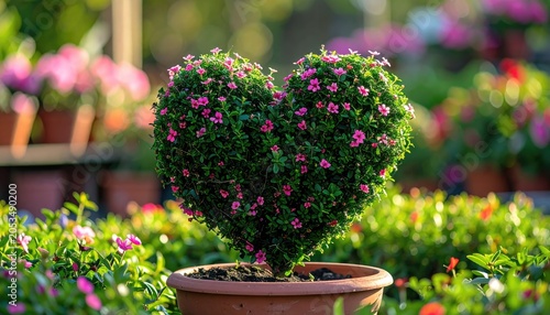 A vibrant heart-shaped shrub, densely covered in small pink flowers, sits in a terracotta pot within a lush garden. The backdrop reveals other potted plants