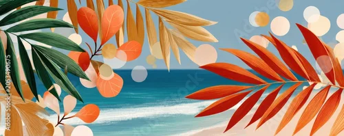Panel kuchenny z motywem Vibrant tropical palm leaves framing a calm ocean beach with soft bokeh and warm colors