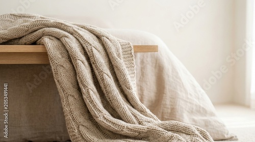 Beige Cable Knit Blanket on Wooden Bench in Neutral Bedroom