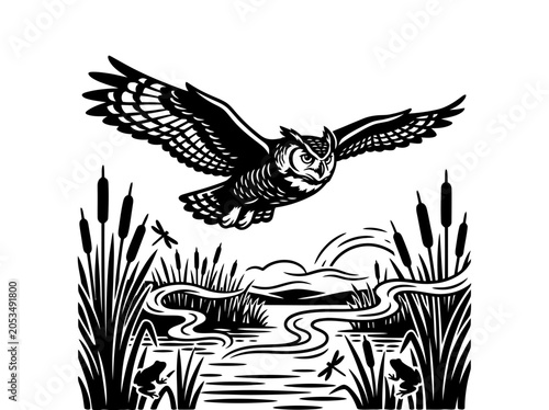 Tableau sur toile Owl silhouette flying over marsh water