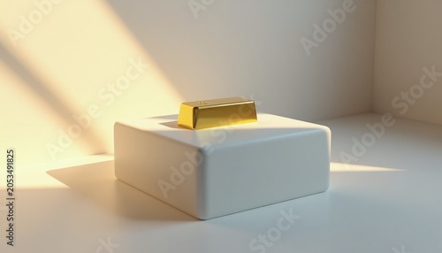 Shiny gold bar rests on white pedestal in minimalist studio. Soft light casts diagonal shadows across the clean background. This object signifies wealth, luxury, investment, and success.