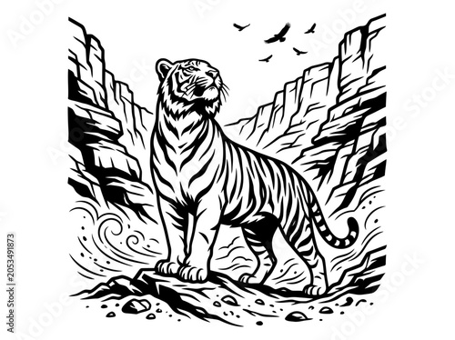 Sitting tiger silhouette in rocky canyon