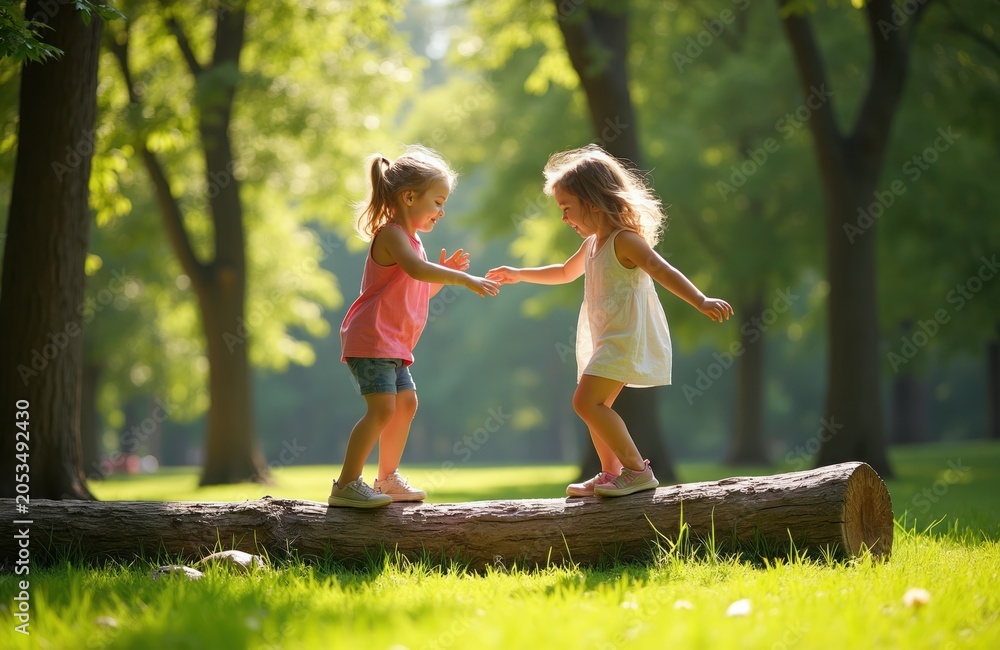 Fototapeta premium Two young girls balance on a fallen log in a sunlit park. Children play outdoors on a warm afternoon, practicing coordination and balance on a natural obstacle.